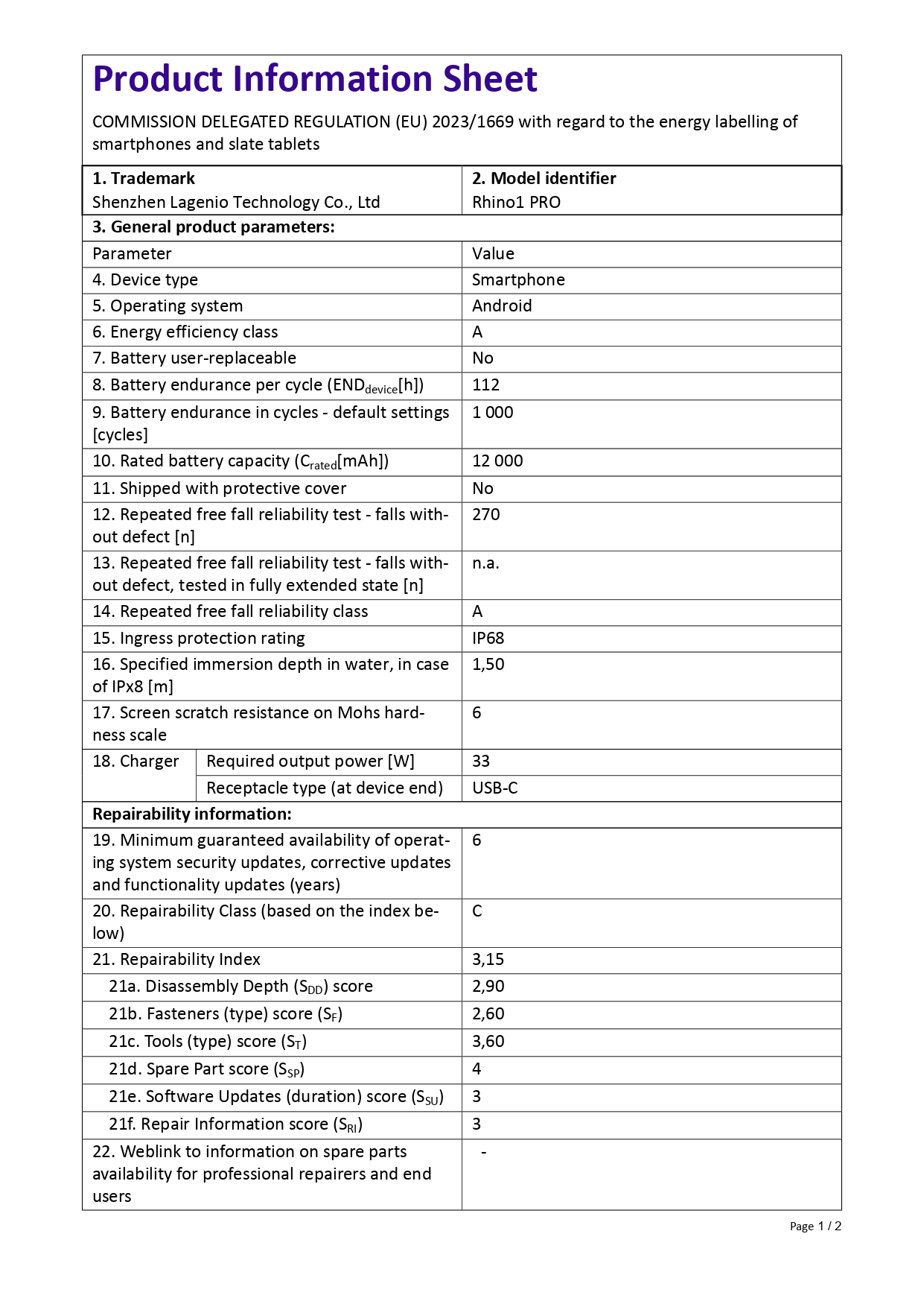 Product sheet