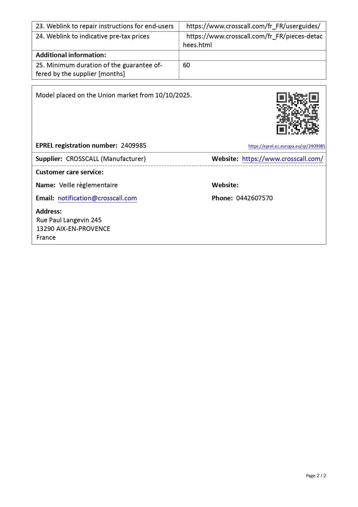 Product sheet